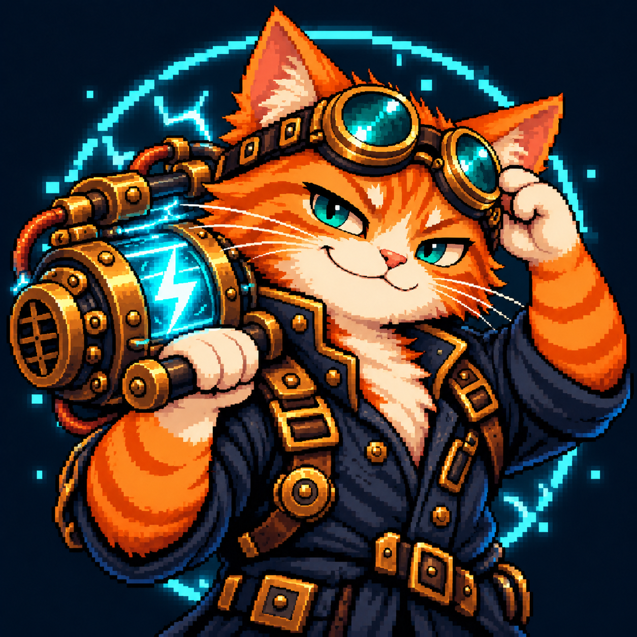 Orange pixel cat engineer holding a glowing dynamo on its shoulder